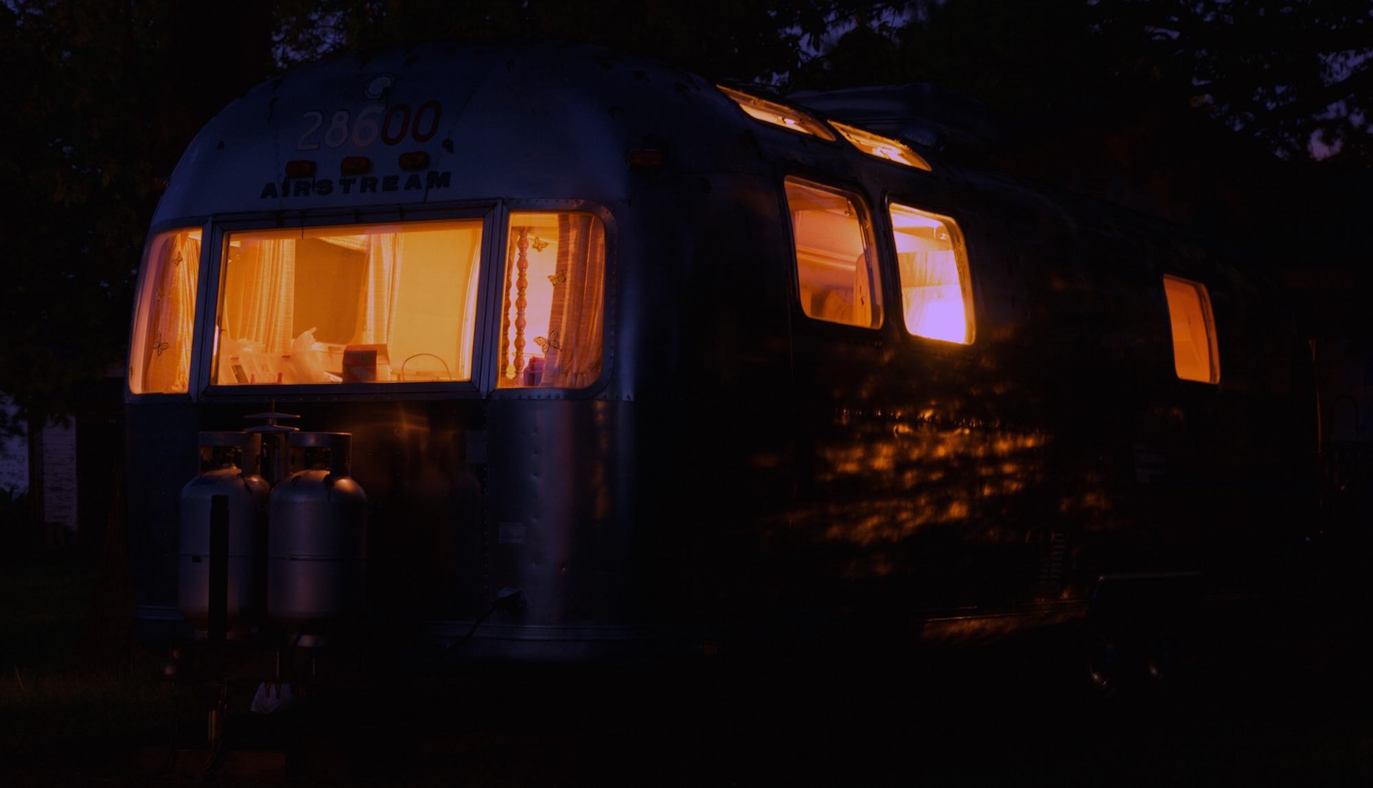A night view of our Airstream camper.