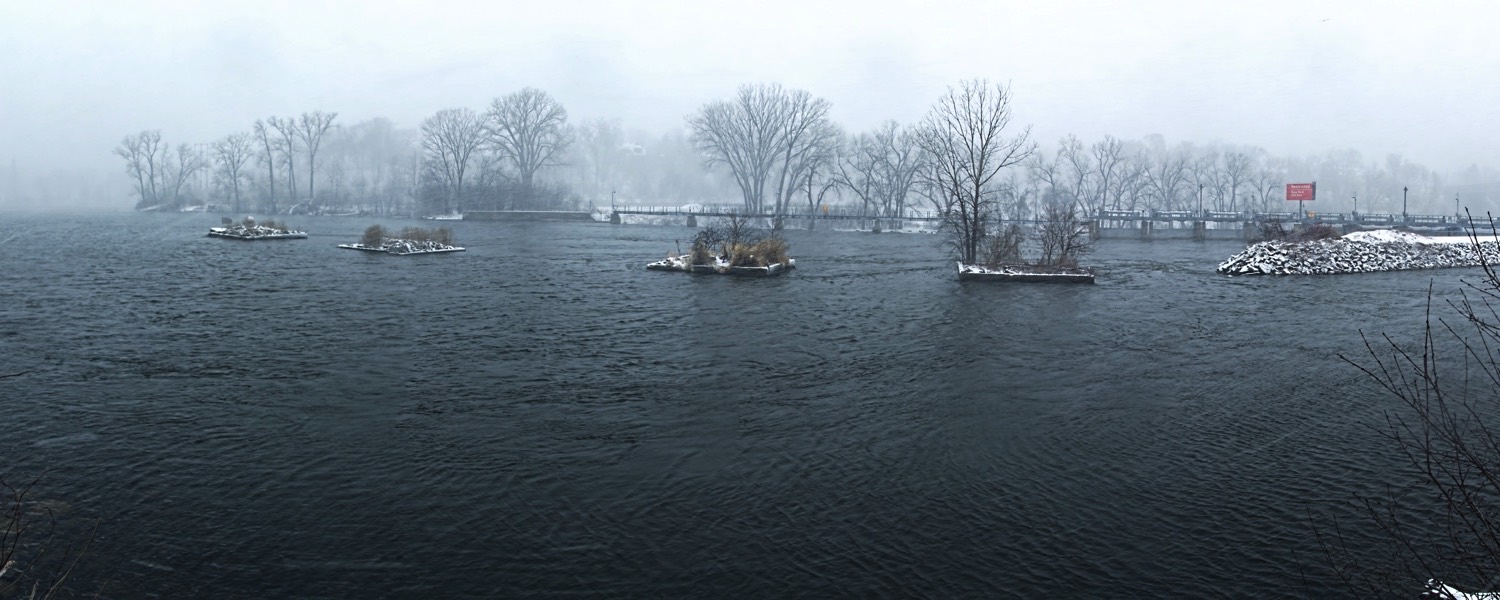 Panoramic view of the Fox River in Appleton, Wisconsin during a snow storm.